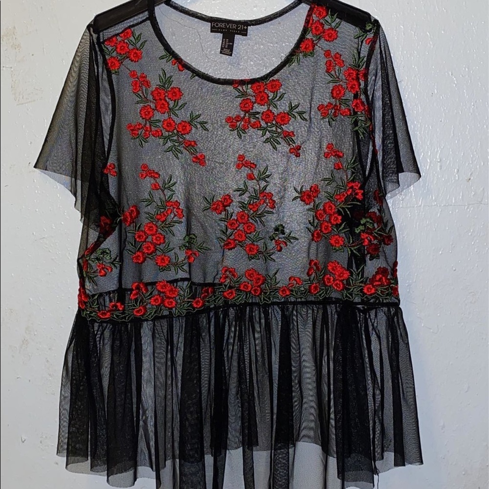 Black Mesh Embroidered Top